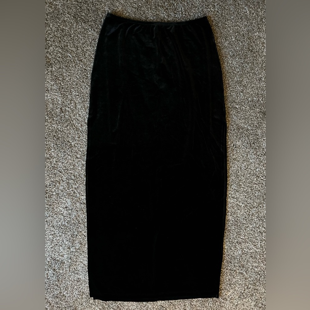 Long black velvet skirt with mid-thigh slit